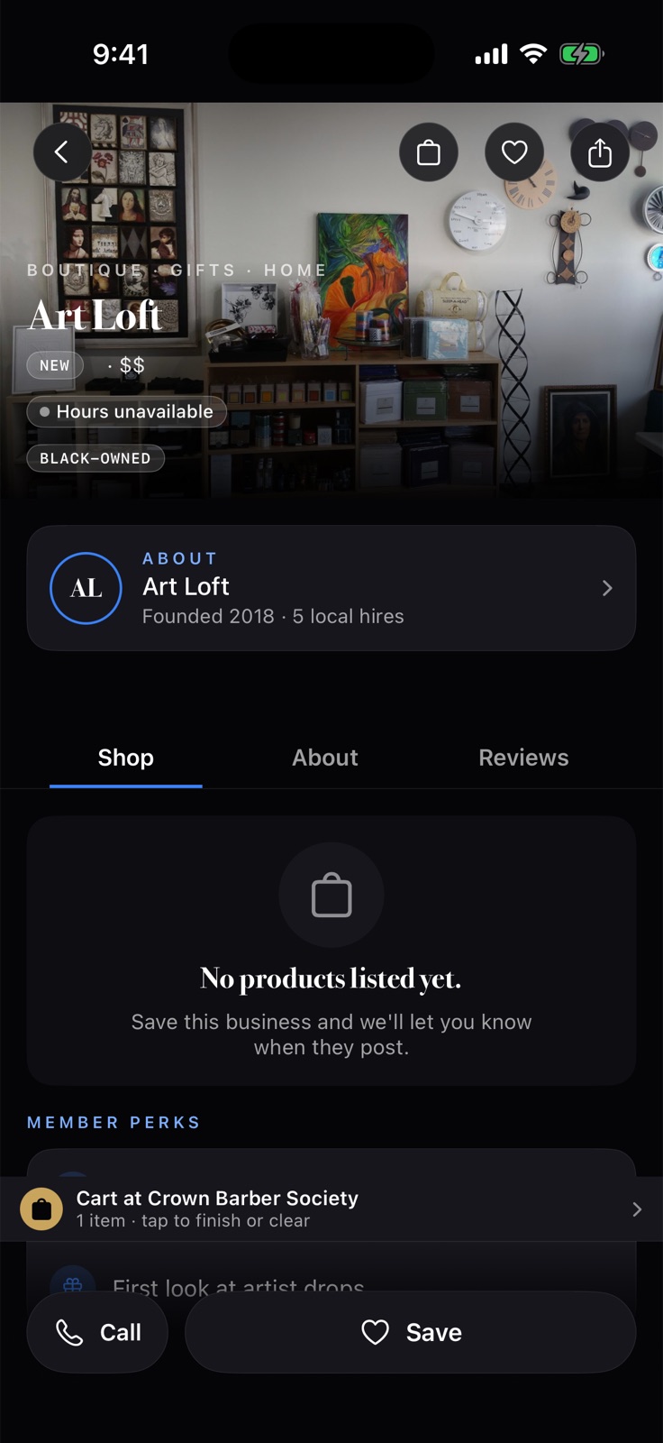BLKMKT business profile with a cover photo and Shop, About and Reviews tabs.