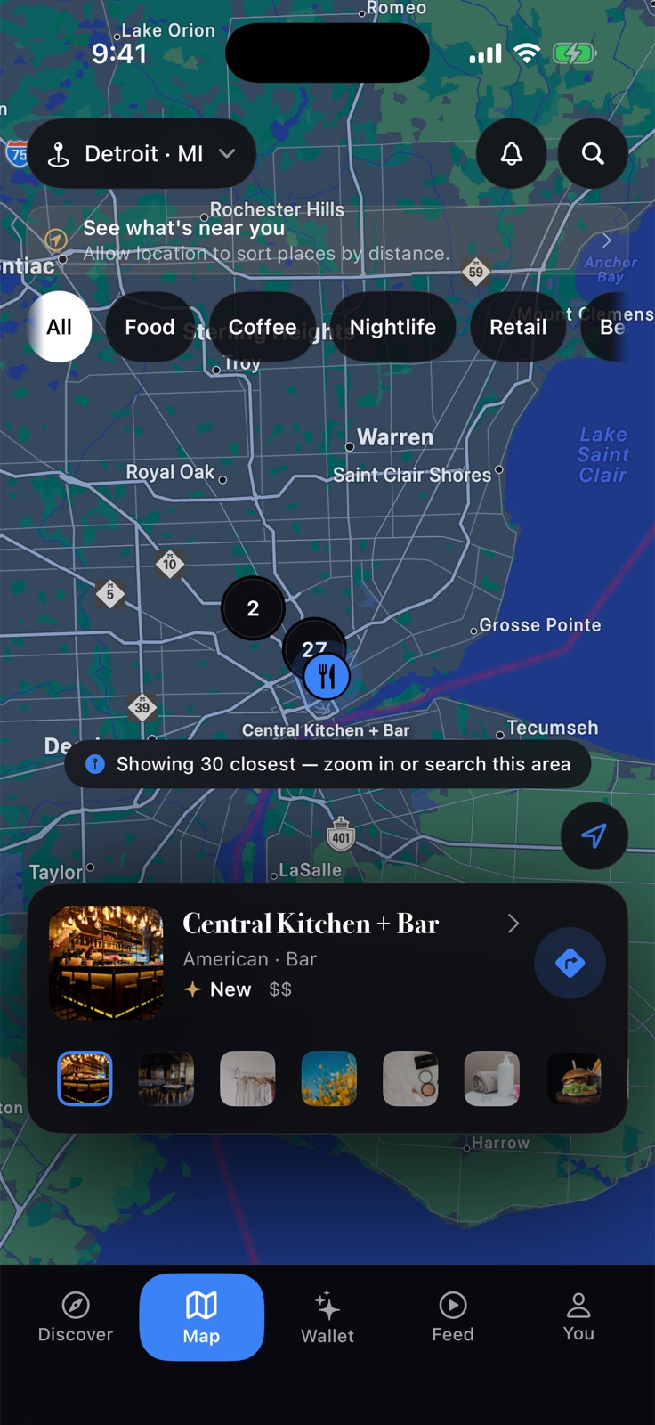 BLKMKT Map tab with businesses pinned across the Detroit area.